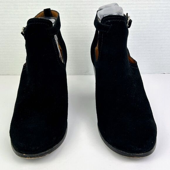 Frye Meghan Ankle Boots Black Suede Booties Cutout Strap w/ Buckle Heeled sz 9 - Picture 3 of 12